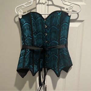 🎃Black and Teal Lace Overlay Corset with Black Ribbon🎃
